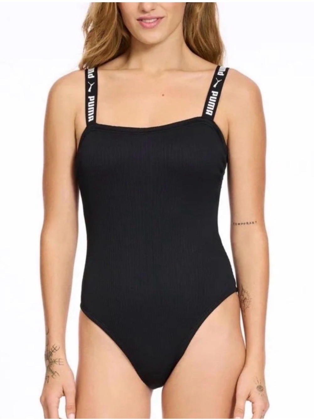 PUMA Ribbed One Piece Swimsuit Black Logo Straps Padded Cups Size Small